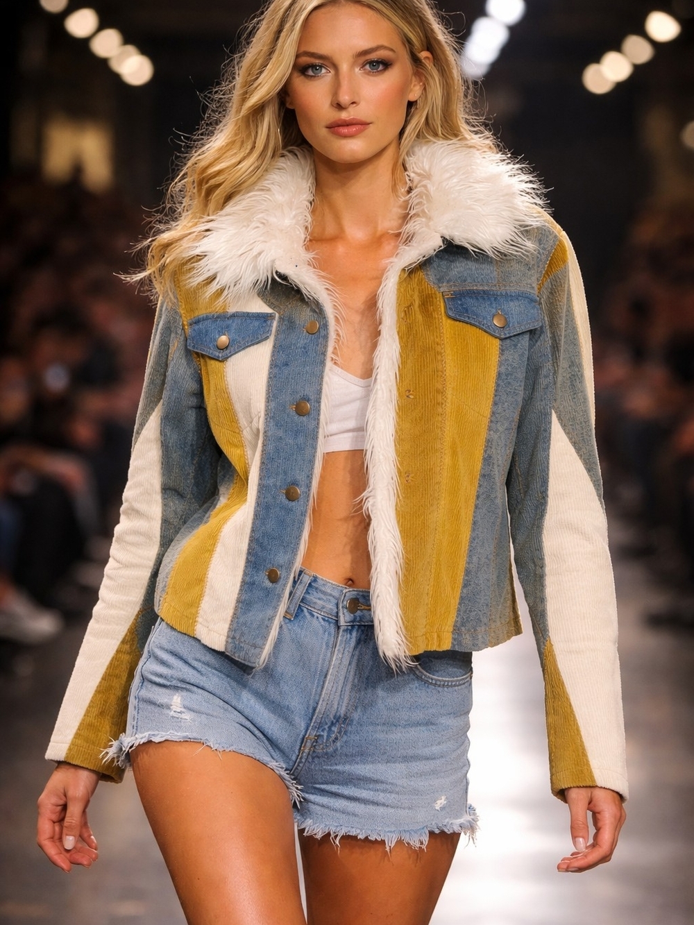 Colorblock Faux-Fur Collar Jean Jacket in Yellow, Blue & White